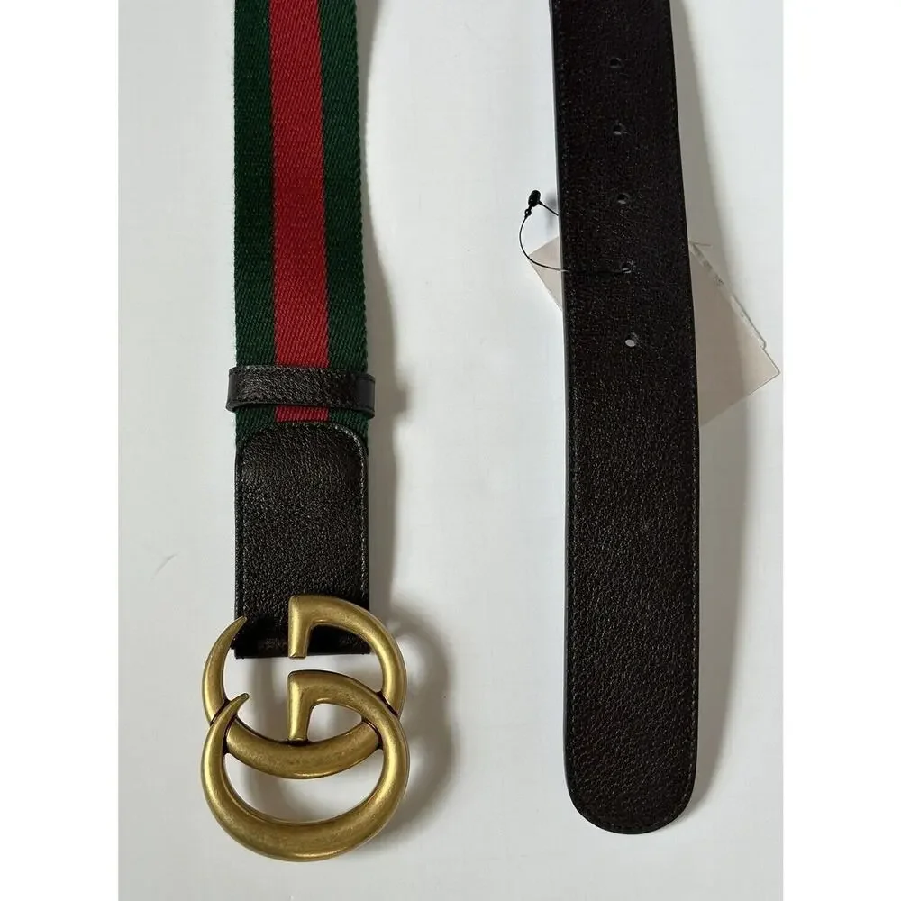 Gucci Web GG Marmont Leather/Fabric Belt Green/Red/Brown 80/32 IT 409416 NWT